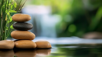 Series of rocks are stacked on top of each other in front of a waterfall. The scene is serene and peaceful, with the rocks and water creating a calming atmosphere