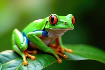 Obraz premium Green tree frog perched on white, vibrant color, reptile, colorful