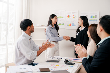 Business handshake concept. Illustration of business people working together. Successful deal after a good meeting. Brainstorming of young modern group. Team meeting to achieve goal. Business people a