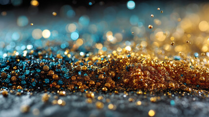 A shimmering background of golden and blue golden glitter abstract background with blurred bokeh effect ideal for creating 