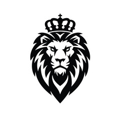 Intense Black Silhouette Vector of Lion Head with Crown and Sharp Mane on White Background