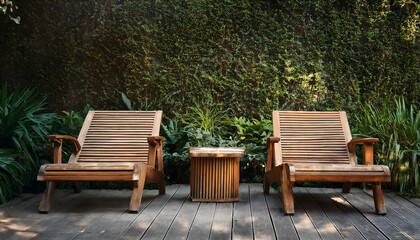Obraz premium Cozy outdoor seating area with wooden chairs and greenery