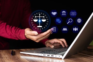 Male lawyer or judge discussing having team meeting with client. Law and legal services concept with lawyer icon showing on virtual screen.