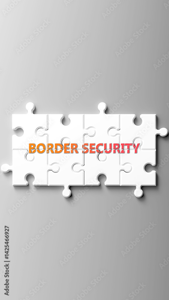Fototapete Border Security complex like a puzzle - pictured as word border security on a puzzle pieces to show that border security is complex and needs cooperating pieces that fit together. ,3d illustration