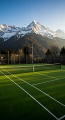 Obraz premium Alpine Tennis Court: Sunlit Green Court Against Majestic Snow-Capped Mountains