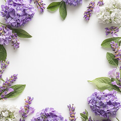 Soft lavender and hydrangea floral frame, isolated on white background