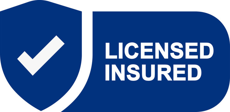 The licensed and insured label has a tick mark and shield isolated on a transparent background.