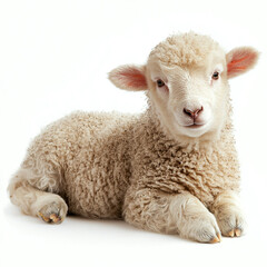 Soft woolly lamb resting, isolated on white background