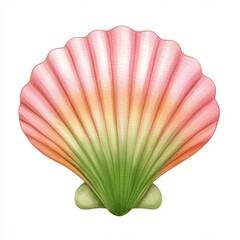 Watercolor illustration of a seashell with pink, orange, and green gradient. The shell is depicted against a white background. Perfect for summer designs.