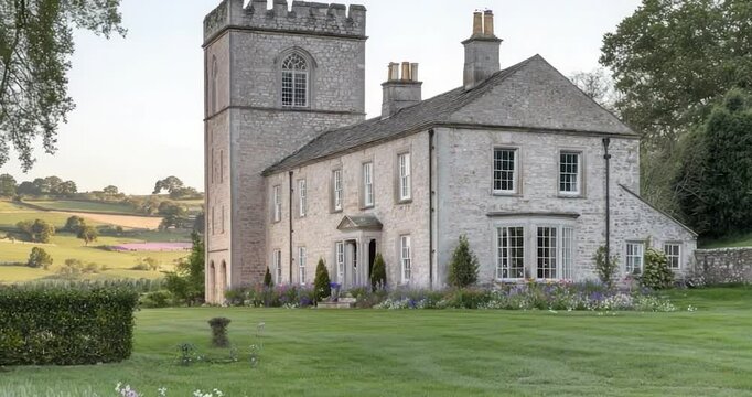 Grey stone manor house garden