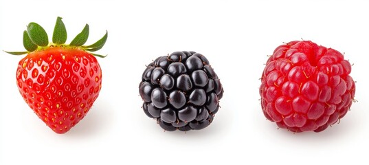 Close up view of a strawberry, blackberry, and raspberry on a white background. Vibrant red, deep black, and bright red colors are dominant.
