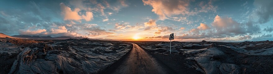 A road with no end, a black asphalt road in the middle of lava fields on the island of Lanzarote, Spain, with a road sign and mountains at sunset. A panoramic photo, a photo shoot from above, 