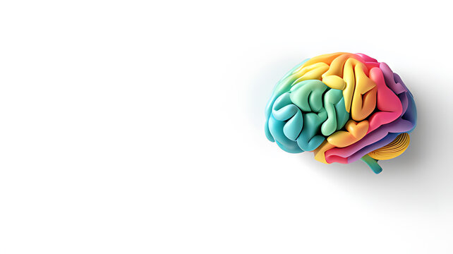 Rainbow human brain explosion, cognitive overload, creative inspiration, world mental health day, psychology and neurology concept, A vibrant 3D model of a human brain, colored in a spectrum of rainbo