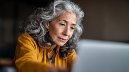 A senior woman with gray hair focuses intently on her laptop, exploring coding basics with the help of artificial intelligence in a warm and inviting space filled with light