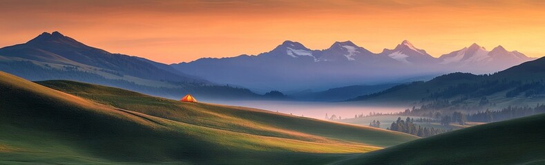 Obraz premium A tent glowing at dusk on the grassy slopes of mountain peaks, with a panoramic view of mist-covered valleys and distant snow-capped mountains under an orange sky. The tent's light casts long shadows 
