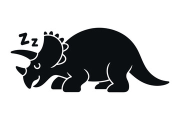 Black Silhouette Of Sleeping Triceratops Dinosaur With Zzz Above Its Head Isolated On White Background Suitable For Children