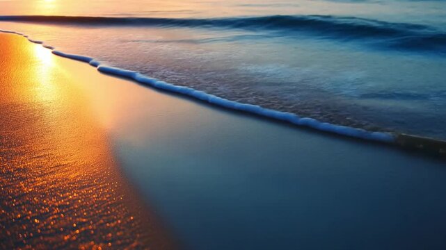 Serene beach sunset with gentle waves lapping at shore, vibrant colors reflecting on water, evoking tranquility and peace in natures beauty.