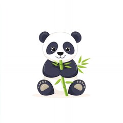 Fototapeta premium Cartoon panda sitting and holding a bamboo stalk with leaves on a white background illustration