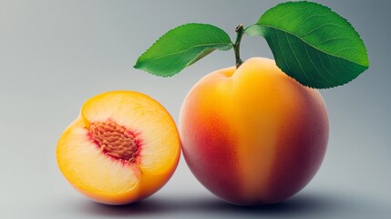 Peach is shown with its stem and leaf still attached. The peach is cut in half, revealing its juicy, orange flesh. Concept of freshness and natural beauty