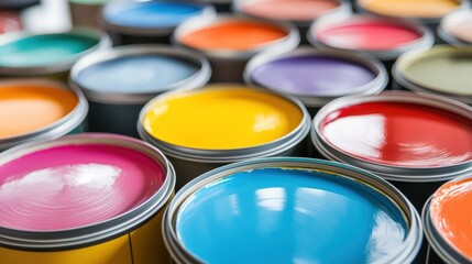 A paint store display showcasing rows of color swatches and cans of various paint colors.
