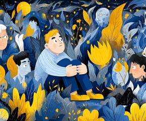 The image features individuals among dense leaves and plants. A person in the center is seated, hugging their knees