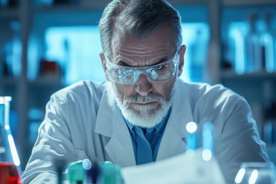 Scientist in a laboratory focused on research with various glassware and equipment around