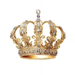 A golden crown adorned with sparkling jewels on a white background in a studio setting royalty