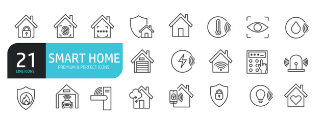 Set of line icons related to smarthome, security, home assistant. Outline icons collection. Editable stroke. Vector illustration