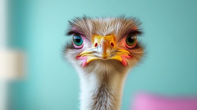 Colorful ostrich with pink and blue feathers is staring at the camera. The bird's eyes are open and it has a serious expression on its face