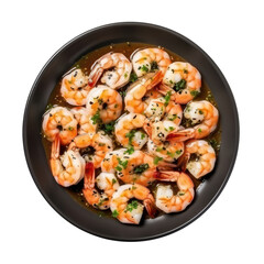 shrimps pn black plate top view isolated on white or transparent png