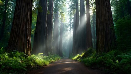 Obraz premium A serene forest scene with tall trees, sunlight streaming through the foliage, and lush greenery along a path. Concept Serene Forest Scene, Sunlight Through Foliage, Lush Greenery, Tranquil Path