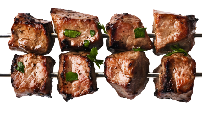 Close Up Photo of Grilled Meat Skewers on Transparent Background