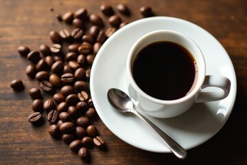 Fototapeta premium Aromatic coffee cup and beans on a pristine white plate , still life, espresso