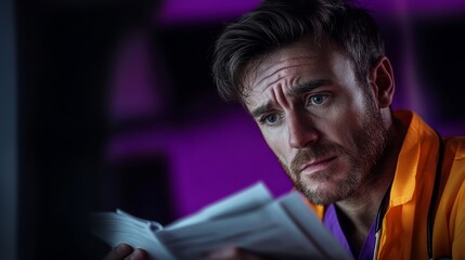 Man is looking at a book with a serious expression on his face. The book is open to a page with a word on it. The man seems to be reading the word carefully