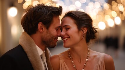 Fototapeta premium Under a canopy of shimmering fairy lights, a romantic couple shares an intimate moment, their smiles illuminated by warm glows as they savor each other's presence on a beautiful evening