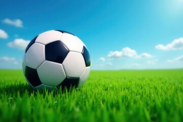 Classic black & white soccer ball on lush green grass, blue sky backdrop, summer, sports equipment, sky