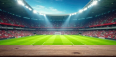 Clean table set against a blurry vibrant soccer stadium , perspective, competition, empty