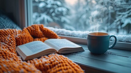 A cozy winter reading nook by the window with a steaming cup of tea and a book