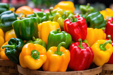 Fresh yellow, green and red bell peppers overflowing a basket at the farmers market