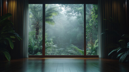 Serene indoor view through a large window showcasing a lush, misty jungle landscape