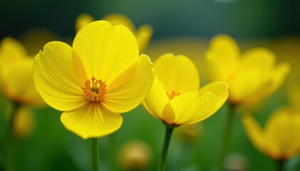 Fototapeta premium Close-up vibrant yellow buttercups, dew drops, bloom, green, flora