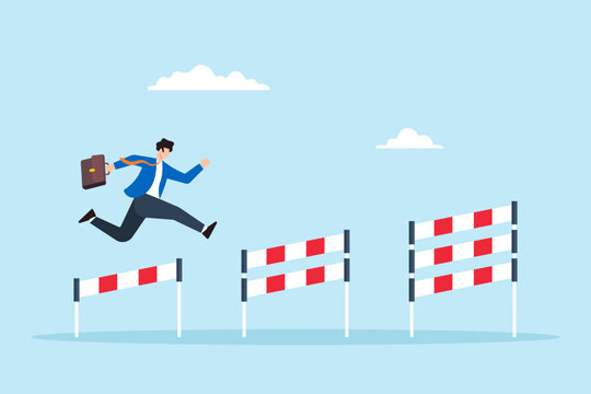 Flat illustration of ambitious businessman jumps over hurdles facing new obstacle achieve success business challenge solve problem
