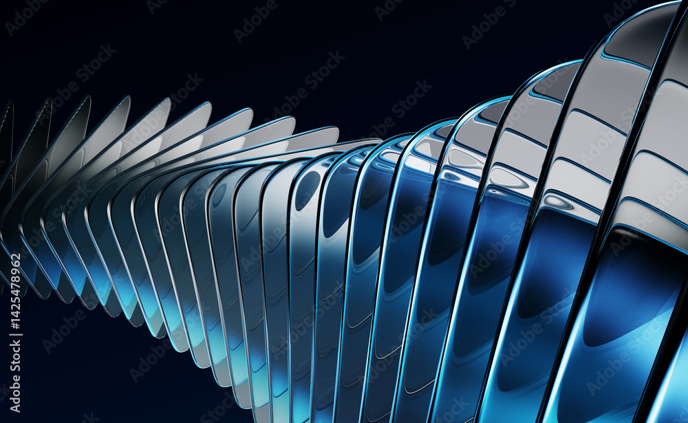 Wall mural abstract black 3d background with glass transparent square plates row, light blue gradient and speed