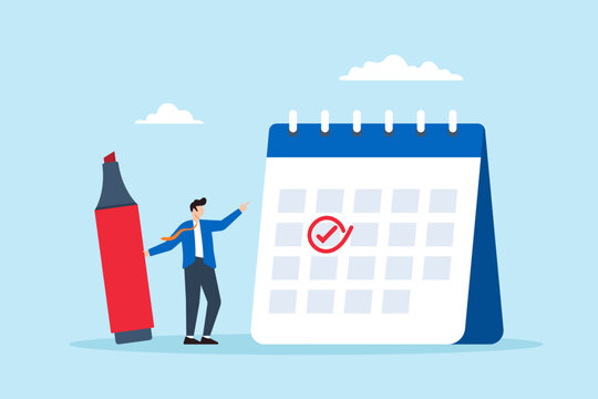 Flat illustration of businessman circle important date on calendar with highlighter marker event reminder appointment work deadline meeting schedule