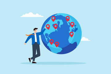 Flat illustration of businessman CEO place new branch pin on world map globe global business expansion growing franchise worldwide