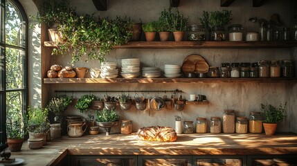 Rustic Kitchen Interior with Wooden Shelves, Vintage Decor, Natural Light, and Abundant Plants