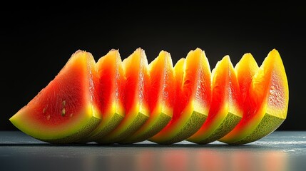 Row of watermelon slices with a yellow center. The slices are arranged in a line, with the yellow center visible in the middle. Concept of freshness and summer