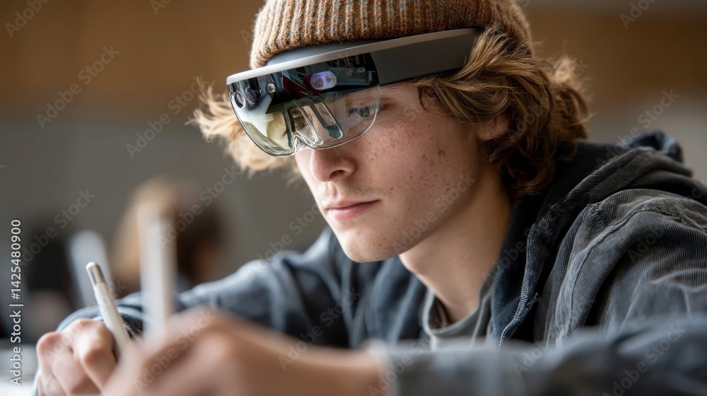 Poster in a dynamic learning environment, a tech-savvy teenager designs and explores ideas with augmented r
