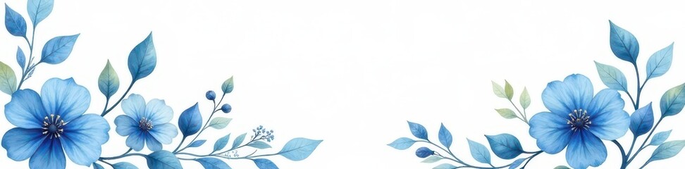Delicate blue watercolor flowers, leaves, and vines on white background , flower illustration, romantic, subtle