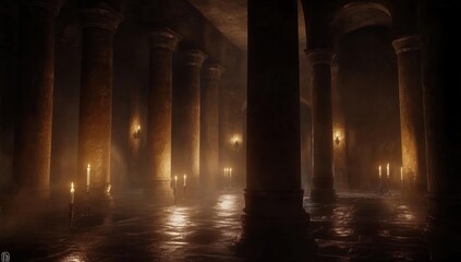 Ancient, dimly lit, colonnaded hall